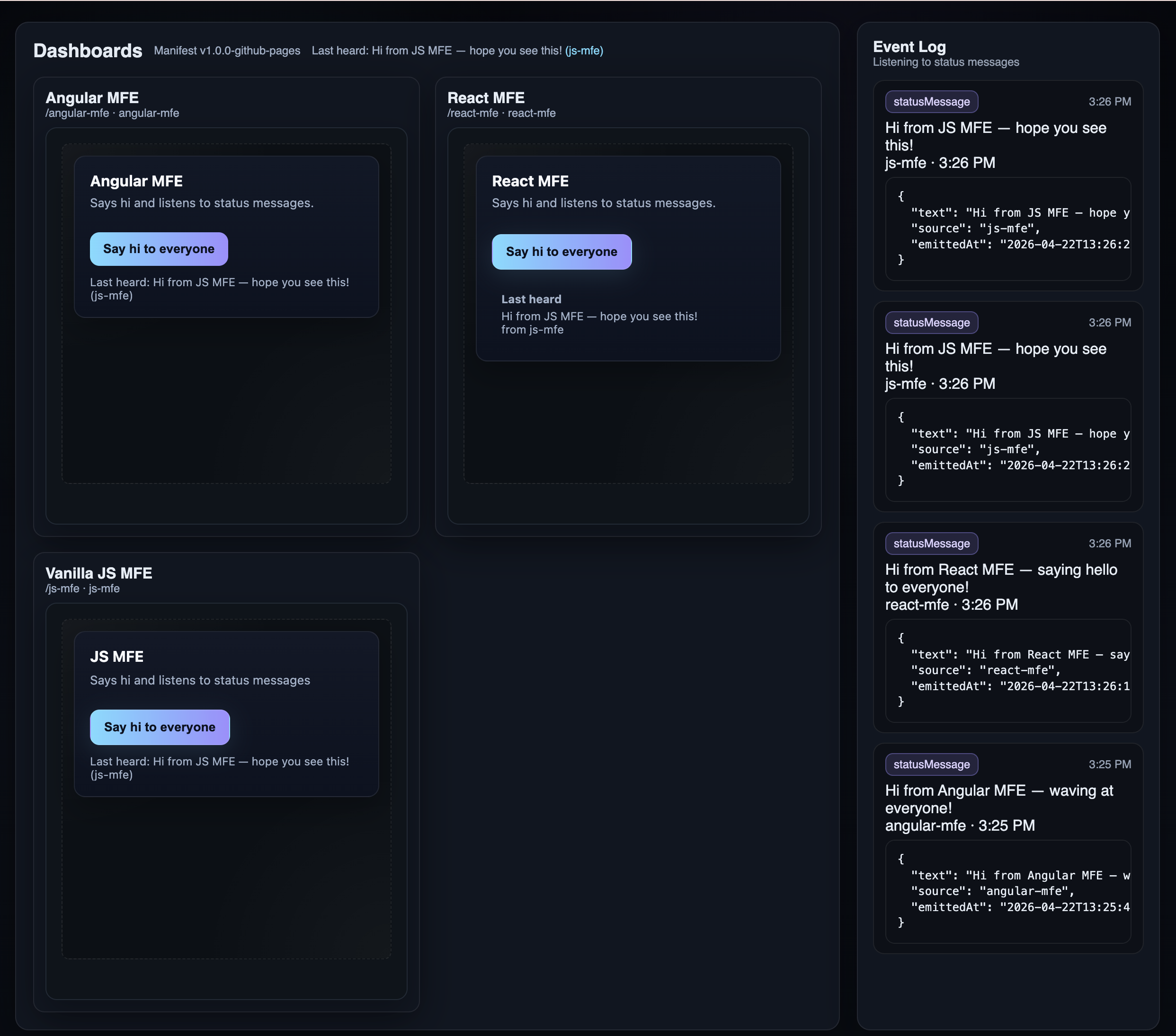 Shell portal showing Angular, React and Vanilla JS MFEs alongside the event log
